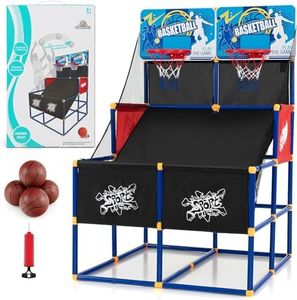 GYMAX Niños Arcade - Canasta de Baloncesto con Soporte, Juego de Baloncesto para 2 Jugadores, Incluye 2 Cestas, 4 Bolas, Bomba, Aro de Baloncesto para Interior y Exterior