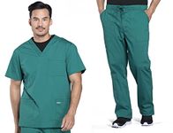 Cherokee Scrub Set for Men from, 4 Pocket V-Neck Scrub Top WW695 with 5 Pocket Tapered Leg Fly Front Cargo Pant WW190, Hunter Green- M Top/M Pant