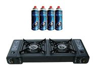 Topflame Dual Burner Double Hob Camping Gas Stove Cooker + 4 Gas Refills