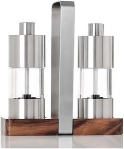 AdHoc Menage Classic Salt and Pepper Mill Gift Set - Glass Salt & Pepper Grinder Set - Fully Adjustable Salt & Peppercorn Mill - Mill Tray Included - Kitchen Tool & Gadget - Stainless Steel/Acacia, 6"