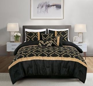 Chezmoi Collection Agnes 7-Piece Floral Vine Embroidered Comforter Set Queen Size - Black/Gold Faux Silk Comforter Soft Lightweight Breathable Bedding