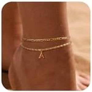 Tasiso Initial Ankle Bracelets for Women，Layered Waterproof Anklet for Women 14K Gold Filled Anklets Layering Thin Figaro Letter Anklet Summer Jewelry Gifts for Women, 8.5, Brass, Cubic Zirconia