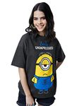 The Souled Store |Women & Girl Official Round Neck Minions Easily Distracted T-Shirt | Charcoal Color Half 100% Cotton | Printed Graphic T-Shirts Oversized T Shirts for Women Baggy Boyfriend