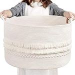 TIMEYARD Large Rope Storage Basket, Decorative Blanket Basket for Home Decor, White Baby Laundry Hampers for Clothes, Pillows,Nursery Toy Storage Basket,22 x 14 inches