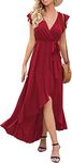 GRECERELLE Women's Floral Print Cross V Neck Summer Dress Boho Beach Flowy Long Maxi Dresses Wine Red-2XL