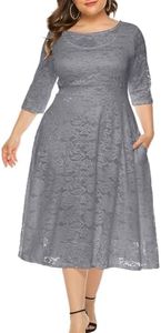 Eternatastic Womens Scooped Neckline Floral lace Top Plus Size Cocktail Party Midi Dress 3XL Gray