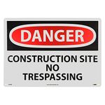 NMC D248RC OSHA Sign, Legend "Danger - Construction SITE NO TRESPASSING", 20" Length x 14" Height, Rigid Plastic, Red/Black on White