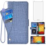 Asuwish Compatible with Samsung Galaxy Note 3 Wallet Case Tempered Glass Screen Protector and Leather Flip Cover Card Holder Stand Cell Accessories Phone Cases for Glaxay Note3 N9005 Women Men Blue