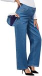 OUGES Womens Stretchy Maternity Jeans Loose Fit Straight Leg High Waist Denim Wide Leg Business Casual Work Pants Pregnancy Must Haves Mom Jeans Trendy Maternity Clothes with Pockets(Medium Blue,XXL)