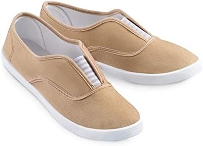 Collections Etc Slip-On Sneaker Shoes with Padded Insoles and Stripe Accent, Cotton, Tan, 6