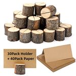 70Pcs Wood Place Card Holders, Rustic Real Wood with Wooden Table Card Holder, Number Photo Stand Place Name Memo Card Holder for Wedding Party Decoration Photo Display (30 Holders+40 Paper)