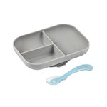 BEABA Silicone Suction Divided Plate Set - Easy to Clean - Dishwasher and Microwave Safe - Soft, Unbreakable, Non-Slip Suction Bottom - Includes Plate and Silicone Spoon (Cloud)