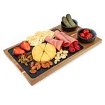 Acacia Wood Serving Board Serving Platter with Slate Plate 34x20 cm, 2 Ceramic Sauces Bowls for Steak Sushi, Steak Plate Slate Serving Plate for Grilling and Serving