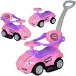 ChromeWheels Push Cars for Toddlers, 3 in 1 Ride on Push Car with Guardrail, Ride on Toys Mega Car w/Push Handle & Horn & Music & Under Seat Storage, Pink