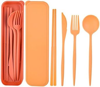 Reusable Utensil Set with Case, 2 Sets Plastic Portable Travel Utensils, Knives Chopsticks Spoons and Forks Set Camping Cutlery for Kids Adults (Orange, Yellow)