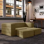 Dr. Smith Folding Sofa | Two - Seater - 5x6 Feet | Sofa Cum Bed Jute Fabric Washable Cover with 2 Foot Stools/Pouffe - Golden Color