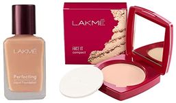 LAKMÉ Perfecting Liquid Foundation, Marble, Waterproof Full Coverage Long Lasting - Light Oil Free Face Makeup With Vitamin E, Dewy Finish Glow, 27ml & Face It Compact, Marble, 9g