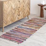 HOMEMOMDE Bohemian Handmade Rug Runners 2 x 6 Feet with 2 Sided Tassels Polyester Recycled Chindi Striped Design Area Mats - (60 x 182 CM, Multicolor)