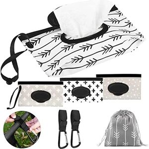 Kiki Babies Portable Wipes container & baby wipes holder 4 -Pc set: Convenient Reusable Wipes Pouch & Travel Wipes Case for On-the-Go Care Refillable Dispenser Includes 2 Stroller Hooks & Bag Gift set