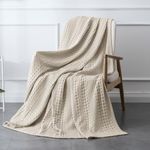 PHF 100% Cotton Waffle Weave Throw Blanket - Washed Soft Lightweight Blanket for All Season - Breathable and Skin-Friendly Blanket for Couch Bed Sofa 50"x60"- Light Khaki/Linen