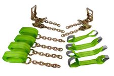 Mytee Products 8 Point Roll Back Vehicle Tie Down Kit with Chain Extension on Both Ends, Ratchet Handles - High Viz Green, WLL# 3333 LB - Tow Truck Straps Car Hauler Carrier Tie Down System