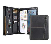 Leather Portfolio A4 Business Padfolio Handmade Genuine Leather Document Holder Zipped Organiser Case Conference Folder with iPad Holder for iPad 10.5/11" Black