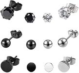 6 Pairs Mens Earrings Studs Black Ear Studs CZ Stud Earrings Stainless Steel Cartilage Earrings Huggie Stud Earrings Ear Piercing Earring Dumbbell Barbell Earrings Black Zircon Earrings For Women Men