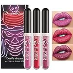 3PCS Metallic Diamond Liquid Glitter Shimmer Lipstick Matte Lipstick Tinted Lip Gloss Rich-pigment Long-lasting Non-Stick Cup Waterproof Lip Glaze Metallic Lipstick Set (C)