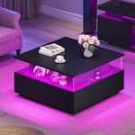 YITAHOME Coffee Table, Coffee Tables for Living Room with Storage, Square Coffee Table with 2 Sliding Drawers, Modern Coffee Table with LED Light, Acrylic Wood Center Table, Black