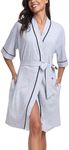 ANLIQI 100% Cotton Robes for Women Lightweight Summer Kimono Robe with Pockets Short Sleeve Soft Bathrobe Ladies Sleepwear, Grey-short Sleeve, Medium