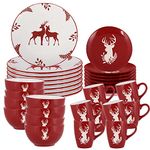 Christmas Crockery 32 Pc Christmas Dinner Set Dishwasher/Microwave Safe Red & White Hand Painted Stoneware Crockery Dinner Service for Eight - 8 Place Settings of Mug, Bowl, Side Plate & Dinner Plate