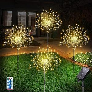 QOCNAM Solar Garden Lights, 4Pack 120LED Solar Christmas Lights, Waterproof Fireworks Solar Fairy Lights with Timer, 8 Modes Decorative Landscape Solar Lights Outdoor for Garden Pathway Lawn (Warm)