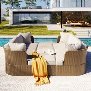 Merax Outdoor Patio Wicker Furniture Sofa Set with Thick Cushions, Suitable for Backyard, Porch, Beige