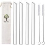ALINK Reusable Glass Boba Straws, 14mm Extra Wide Clear Smoothie Straws for Bubble Tea, Pack of 4 with 1 Case and 2 Brush