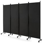 CASART Folding Room Dividers, 3/4 Panels Movable Protective Privacy Screens with Lockable Wheels, Steel Frame Portable Fabric Screen Room Partition for Home Office (4 Panels-224x30x172 cm, Black)