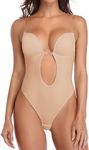 SHAPERIN Womens Backless Bodysuits Deep V Neck Shapewear Thong Bodysuit Push Up Bra Strapless Body Shaper Underwear for Party Wedding, Beige, S