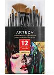 Arteza Paint Brushes, Set of 12, Premium Synthetic Acrylic & Oil Paint Brushes with Brass Ferrules & Wooden Birch Handles, Painting Art Supplies for Beginners and Experts