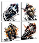 Motorcycle Wall Art Boys Room Decor Graffiti Motocross Posters Motorcycle Canvas Prints Pictures for Mens Cave Dirt Bike Lovers Bedroom Game Room Decoration Framed and Ready to Hang 12"×12" × 4 Pcs