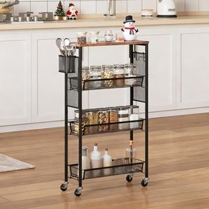 YITAHOME Kitchen Cart with Wheels, 4-Tier Slim Storage Cart, Mobile Utility Cart with Wooden Tabletop and Mesh Baskets, 19.2''x 7.3''x 34.3'', Rolling Cart for Kitchen, Bathroom, Laundry Room