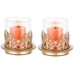 NUPTIO Gold Candle Holders for Pillar Candles Shabby Chic Candlesticks Holders Vintage Hurricane Glass Candle Holder Antique for Mantlepiece Wedding Party Table Centrepiece Home Ornaments, 2 Pcs