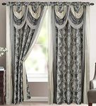 V Bella Luxury Jacquard Curtain Panel with Attached Waterfall Valance & Scarf 54 by 84-Inch Grey