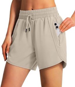Ksmien Women's 5"/ 7" Athletic Running Shorts Quick Dry Lightweight Workout Gym Shorts with Zipper Pockets UPF 50+ Khaki XL
