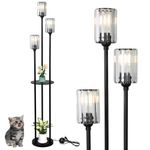 Rayofly Modern Floor Lamp with Shelves, 3-Lights Black Floor Lamps for Living Room, Crystal Standing Lamp with Glass Lampshades & Foot Switch, Standing Lamps for Bedroom, Corner Tall Lamp for Office