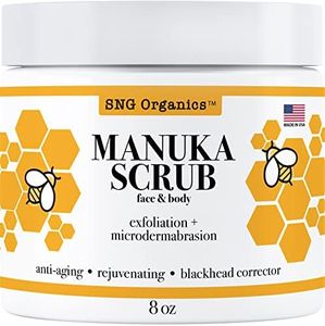 Body + Facial Scrub 8oz - Deep Pore Microdermabrasion, Face Exfoliator with Manuka Honey - Sugar Scrub Blackhead Remover - Moisturizing & Exfoliating Body Scrub for Anti-Aging, Acne, Wrinkles