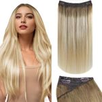 Fshine Ombre Fish Line Hair Extensions 16 Inch Real Hair Extensions Clip in Chestnut Brown to Honey Blonde and Platinum Blonde Wire Hair Extensions Remy Human Hair with Secret Wire 100g