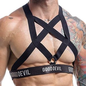 Good Devil Mens Harness with Criss-Cross Thick Straps and Fashion Ring, Bodysuit Top for Men,Sexy Men’s Accessories, Black, One Size