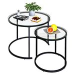 Azheruol Nesting Coffee Table Set of 2,Modern Black Tempered Glass Side Table, Metal Frame Round End Table.Small Glass Tea Table for Living Room,Bedroom Studio Apartment Essentials，17.7IN