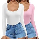 Ekouaer 2 Pack Women's Scoop Neck Long Sleeve Shirts Slim Fit Tops Thermal Shirts Basic Tight Undershirts XS-XXL
