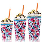 3 Pack Iced Coffee Cup Sleeve, Reusable Neoprene Iced Coffee Coozie Cup Holder for Hot Cold Drinks, Compatible with Starbucks, Dunkin Donuts, and More (3 PK Sm-Med-Lg, Blue Floral)