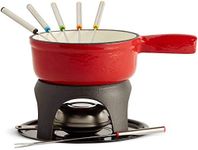 VonShef Fondue Set, Red Enamel Cast Iron Pan for Swiss-Style Cheese or Chocolate Fondue, Includes 6 Colour Coded Forks & Adjustable Burner